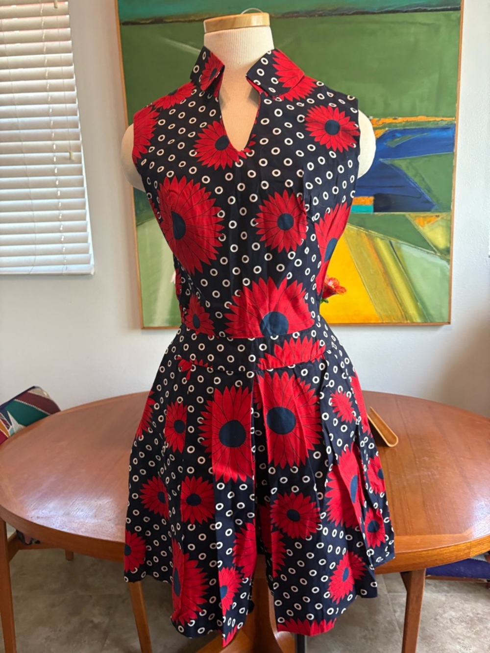 Vintage 60s Sleeveless Navy Playsuit with Red Floral Print - Picture 2 of 12